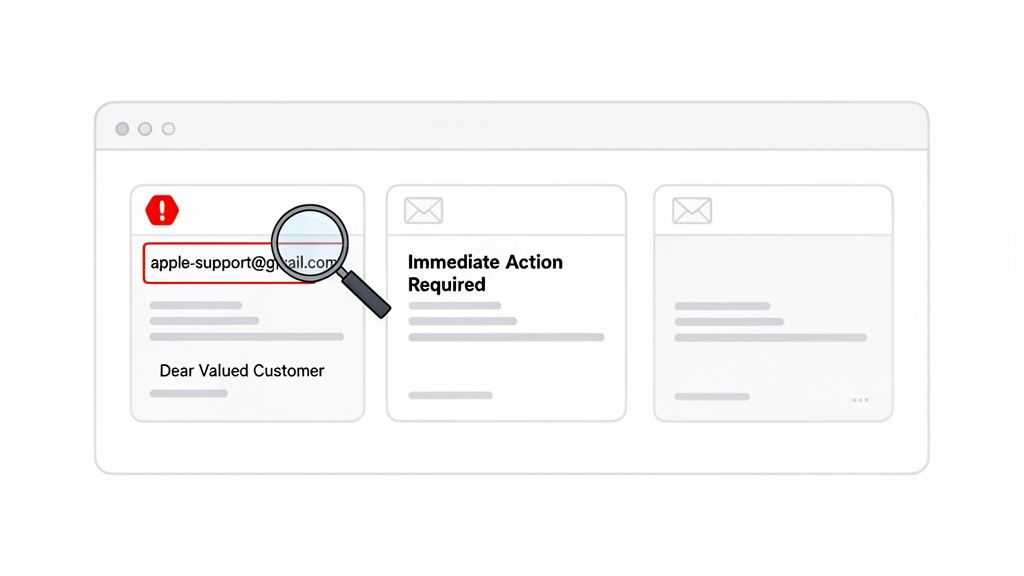 A magnifying glass highlights a phishing email from 'apple-support@gmail.com' in an inbox with a warning.