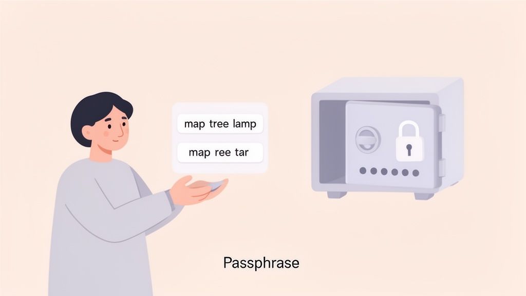 A person chooses a passphrase from options like 'map tree lamp' for a secure safe.