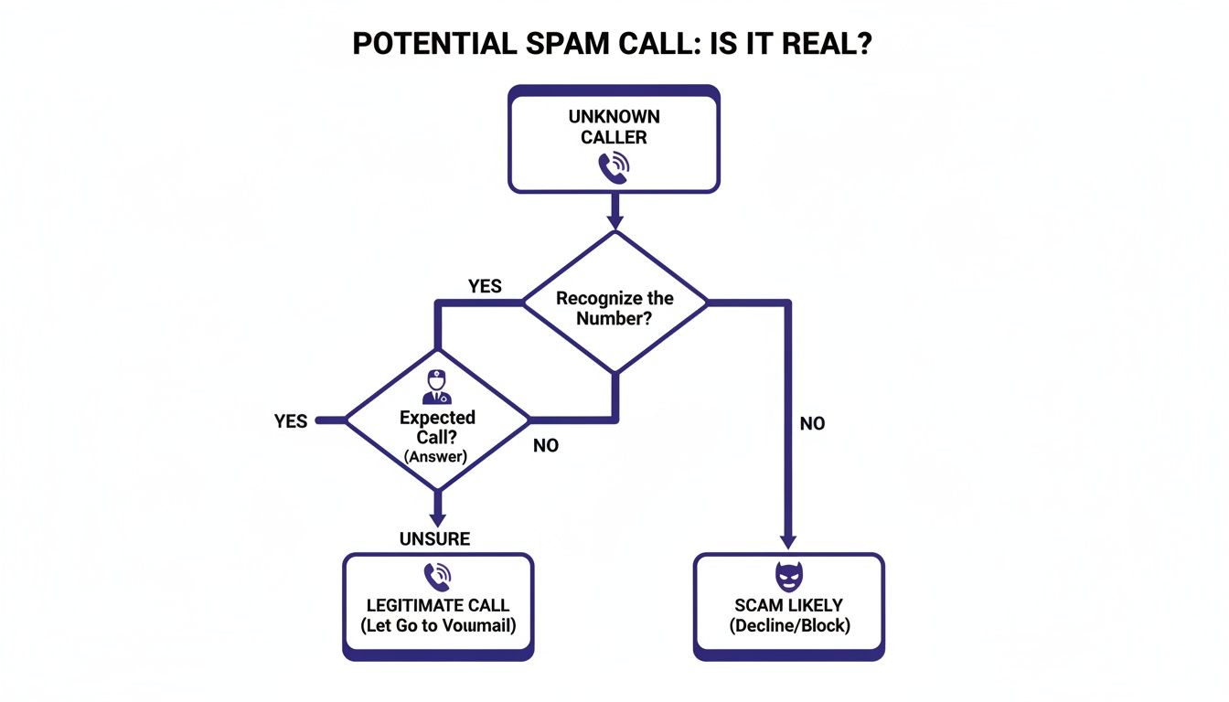 Decision tree for handling potential spam calls, showing steps to recognize numbers and determine legitimacy.