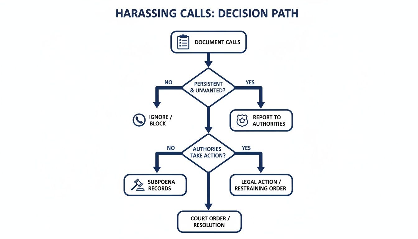 Flowchart outlining the decision path for managing harassing phone calls, from documentation to legal resolution.
