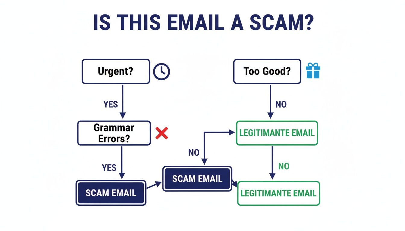A flowchart illustrates how to determine if an email is a scam using urgency, grammar errors, and too-good-to-be-true offers.