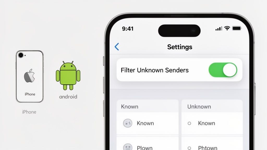 An iPhone screen displaying 'Settings' with 'Filter Unknown Senders' enabled, alongside iPhone and Android logos.