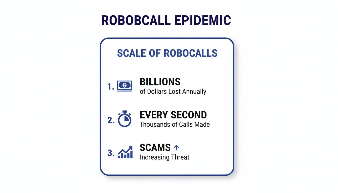 An infographic detailing the scale of the robocall epidemic, showing billions lost and thousands of calls made every second.