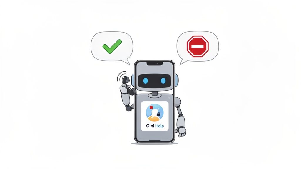 A cartoon robot smartphone with the Gini Help app, showing approval and disapproval symbols.