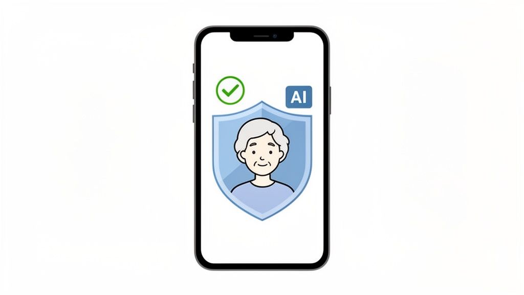 Smartphone screen displays a blue shield protecting an elderly person, with a green checkmark and 'AI' text.