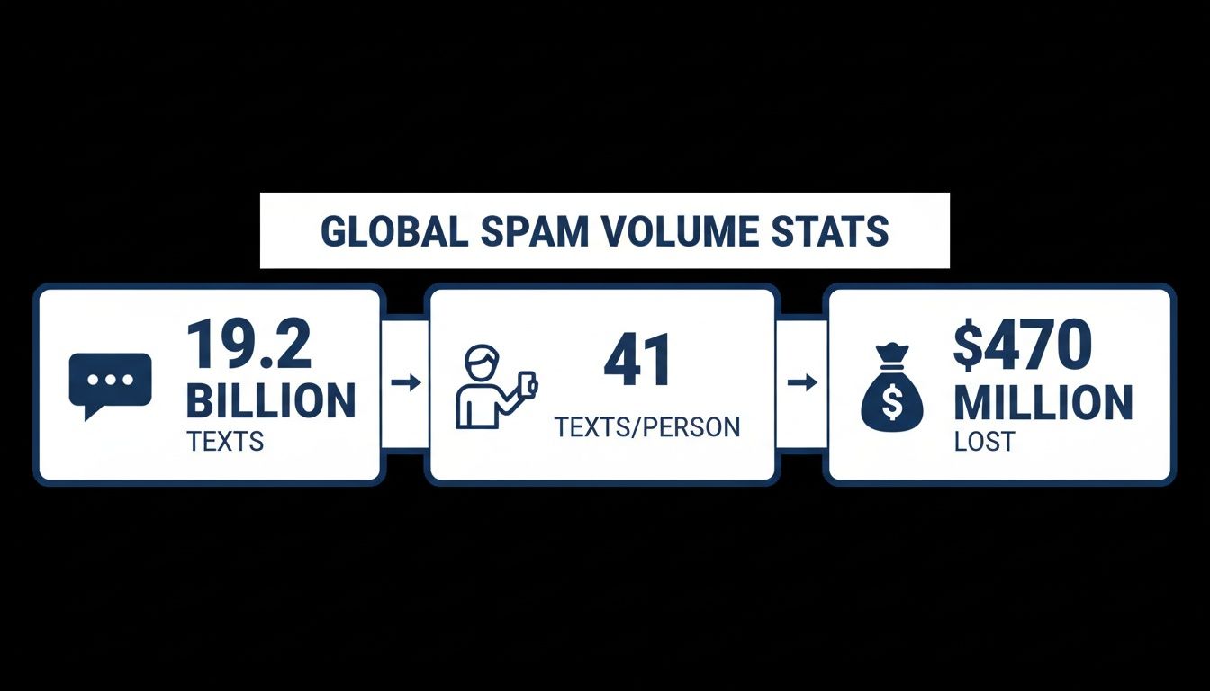 Infographic showing global spam text statistics: 19.2 billion texts, 41 texts/person, and $470 million lost.