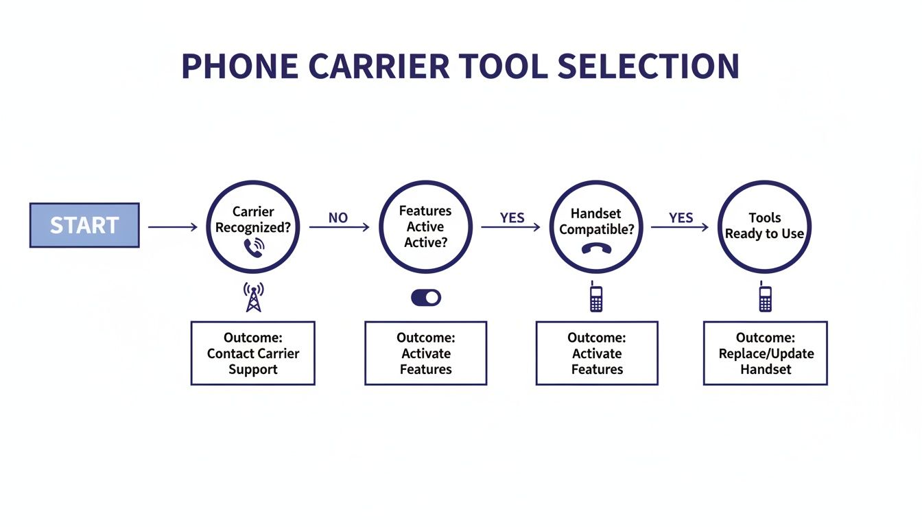 A flowchart illustrating phone carrier tool selection process, from start to handset compatibility and outcomes.