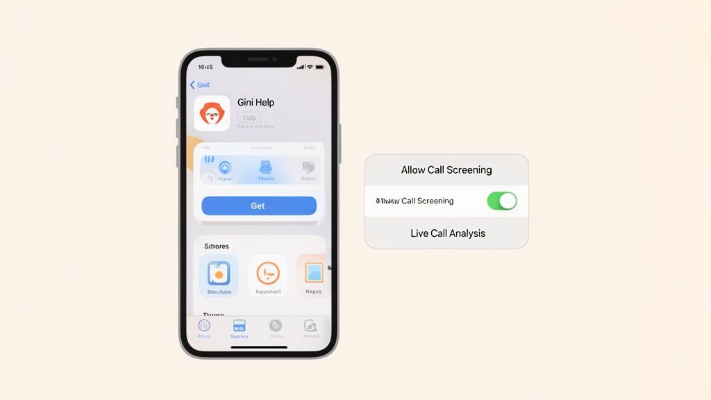 An iPhone displaying the Gini Help app with settings for 'Allow Call Screening' and 'Live Call Analysis' enabled.