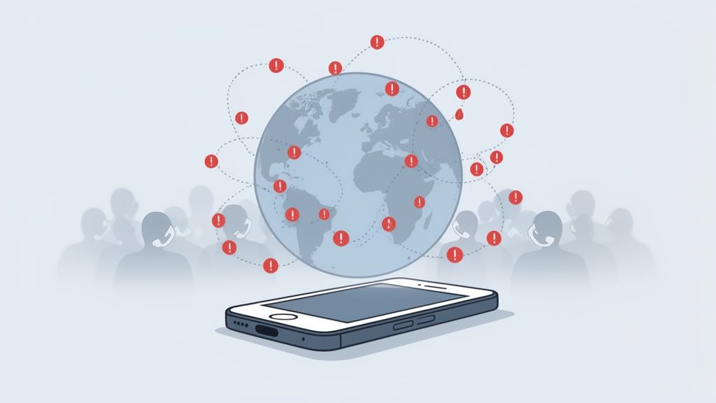 A smartphone lies before a globe showing global alert notifications, surrounded by people communicating.