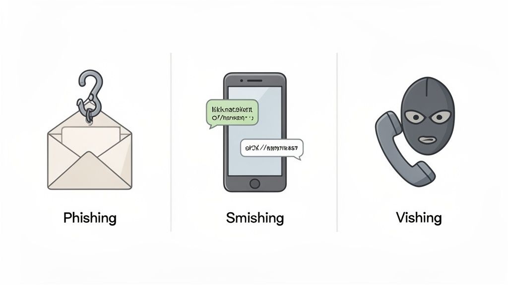 Illustrations showing phishing with an email hook, smishing with phone messages, and vishing with a masked face and phone.