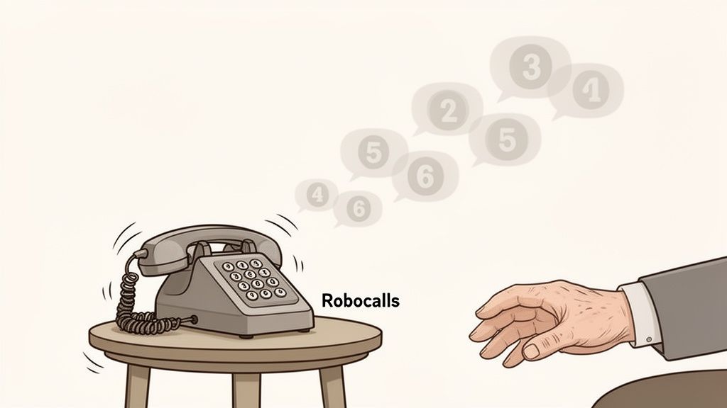 An old landline phone ringing on a table, representing constant robocalls, with a hand reaching for it.