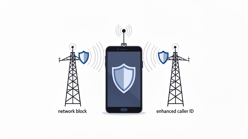A smartphone with a central shield, flanked by two cell towers showing network block and enhanced caller ID.