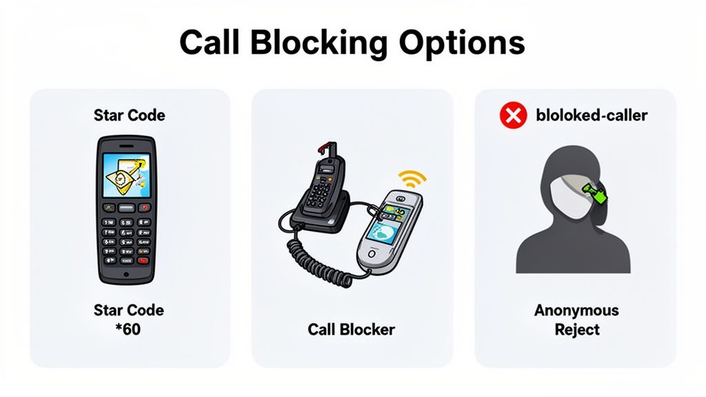 Illustration of three call blocking options: Star Code (*60), a physical Call Blocker device, and Anonymous Reject.