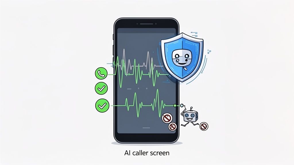 AI caller screen on a smartphone with a protective shield and robot blocking unwanted calls.