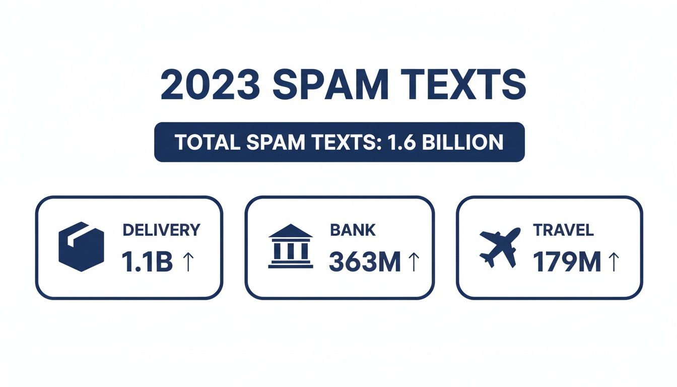 Infographic showing 2023 spam texts totaled 1.6 billion, primarily from delivery, bank, and travel categories.