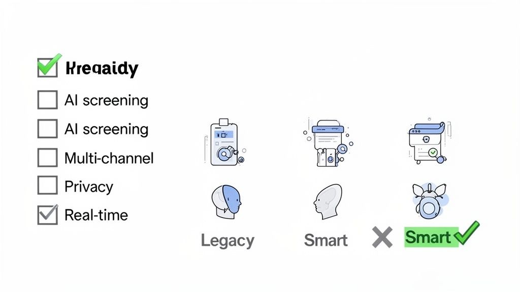 Checklist of technology features, including Preqaidy and Real-time, alongside a comparison of Legacy and Smart systems.