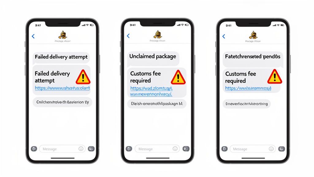 Three smartphone screens displaying fake delivery text messages with suspicious links and warning signs.