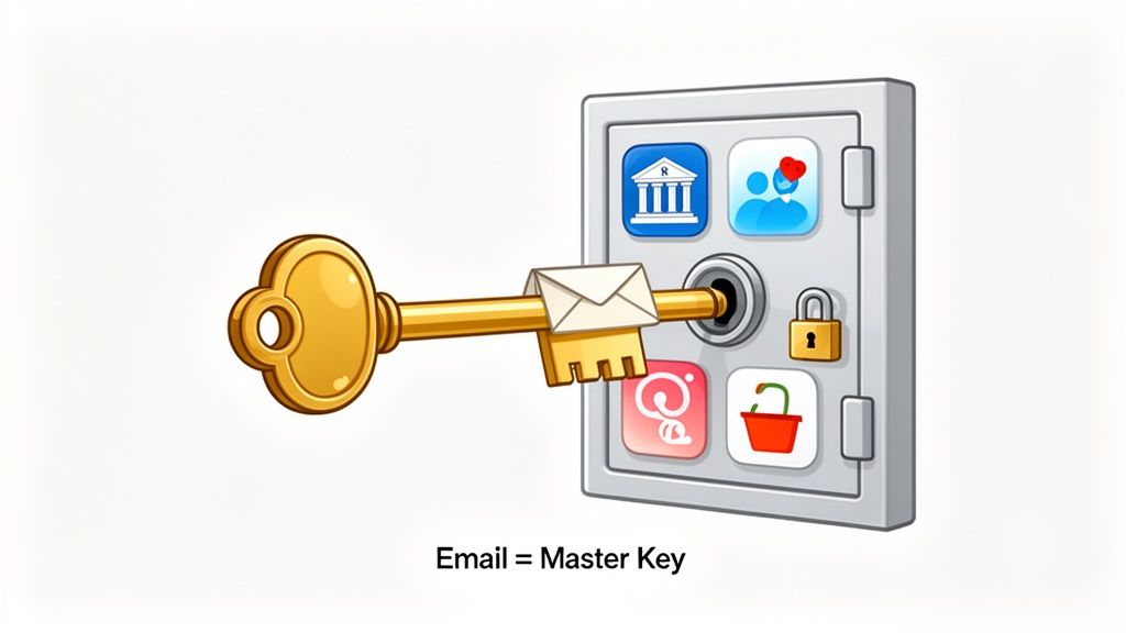 Email as a master key unlocking a safe containing digital accounts and apps, highlighting its security importance.