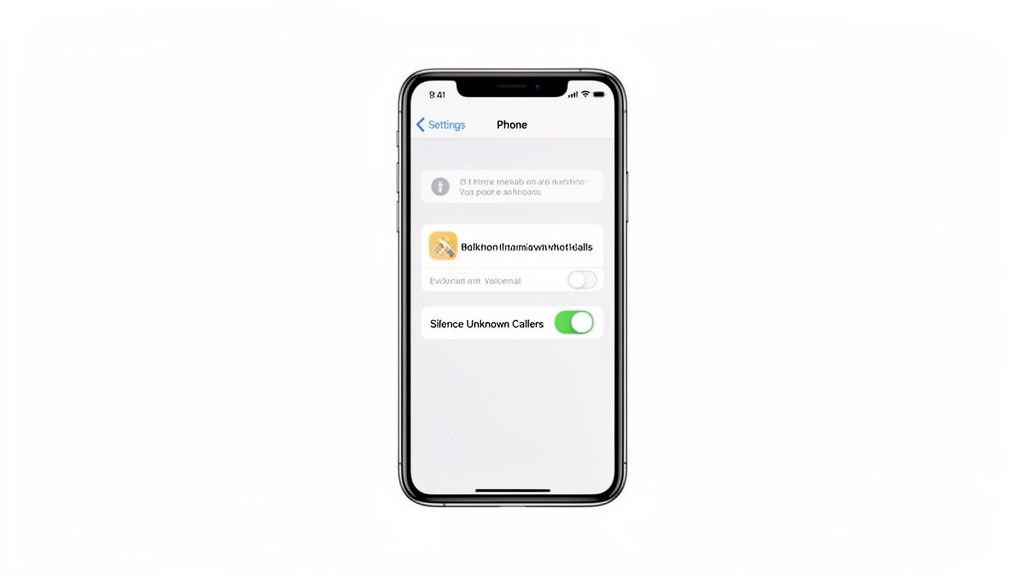 An iPhone displaying phone settings, showing 'Silence Unknown Callers' enabled.