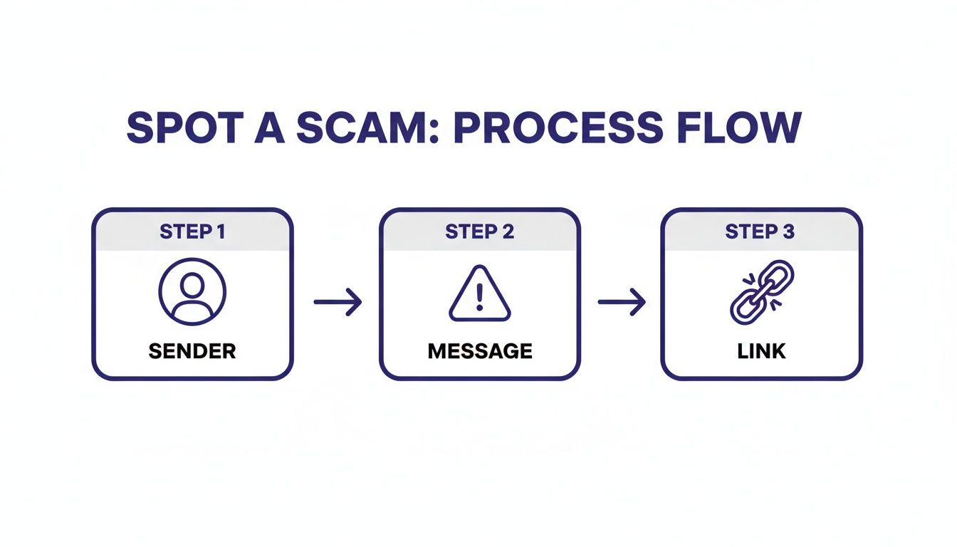 A three-step process flow illustrating how to spot a scam by checking sender, message, and link.