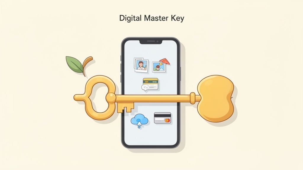 A golden skeleton key passes through a smartphone, symbolizing a digital master key for online assets.