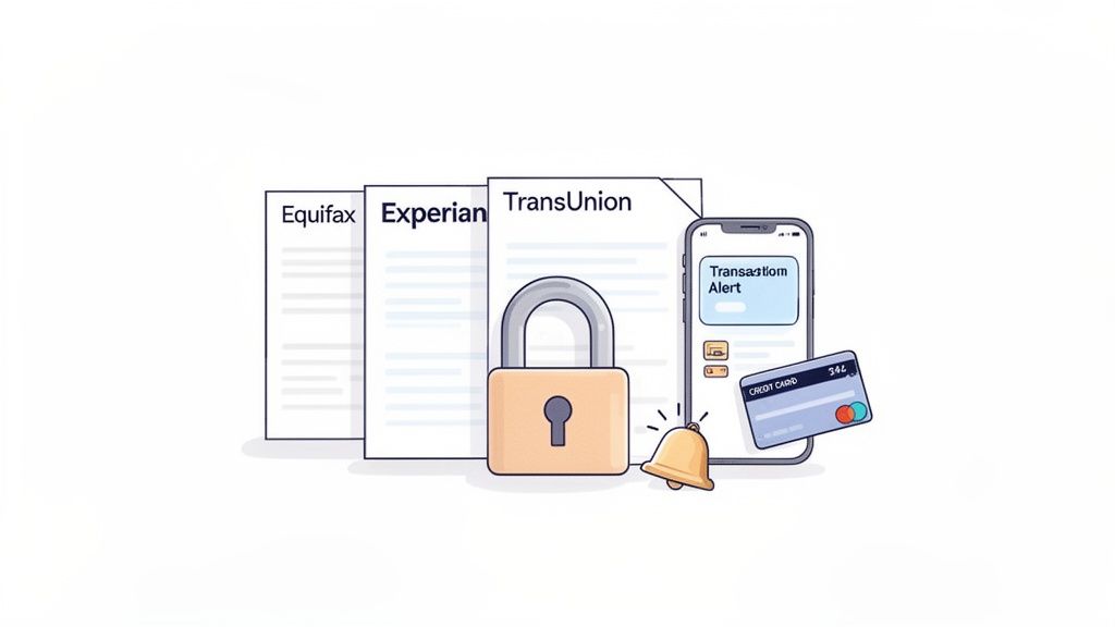 Padlock securing credit reports from Equifax, Experian, TransUnion, with a phone showing transaction alerts and a credit card.