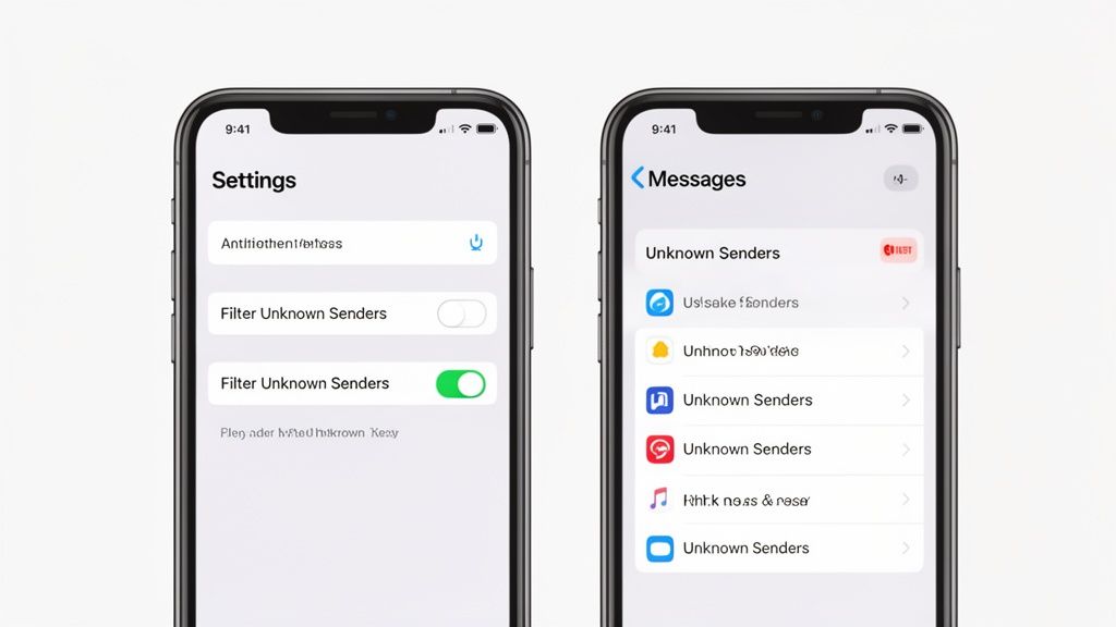 Two iPhone screens demonstrate settings to filter unknown senders and a list of filtered messages.