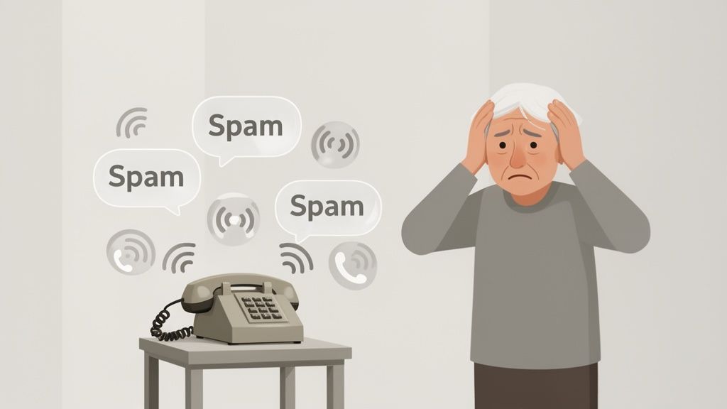 Frustrated senior man covers his ears as spam calls overwhelm his old landline phone.