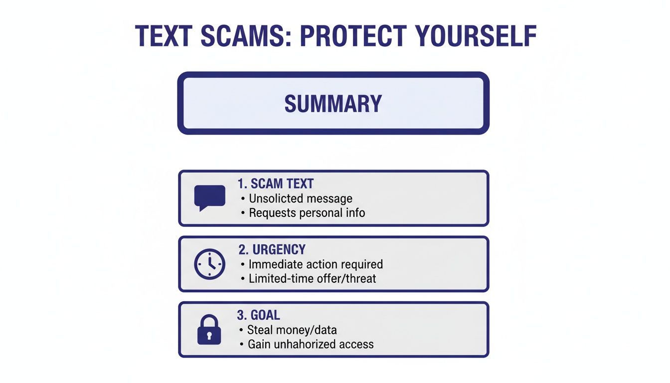 Infographic summarizing text scams, detailing characteristics of scam texts, urgency tactics, and their goal to steal data.