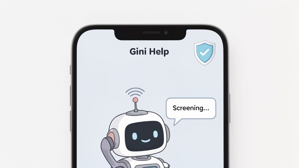 A smartphone screen displaying an app called "Gini Help" with a friendly robot character screening.