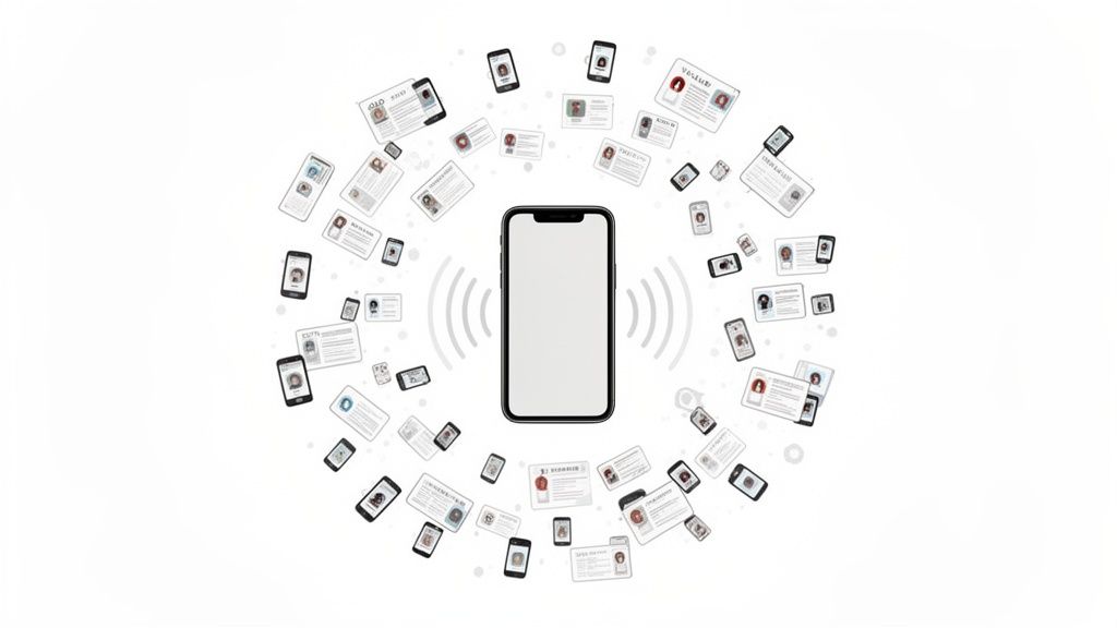A central smartphone radiating signals, surrounded by numerous phones and digital identity cards.