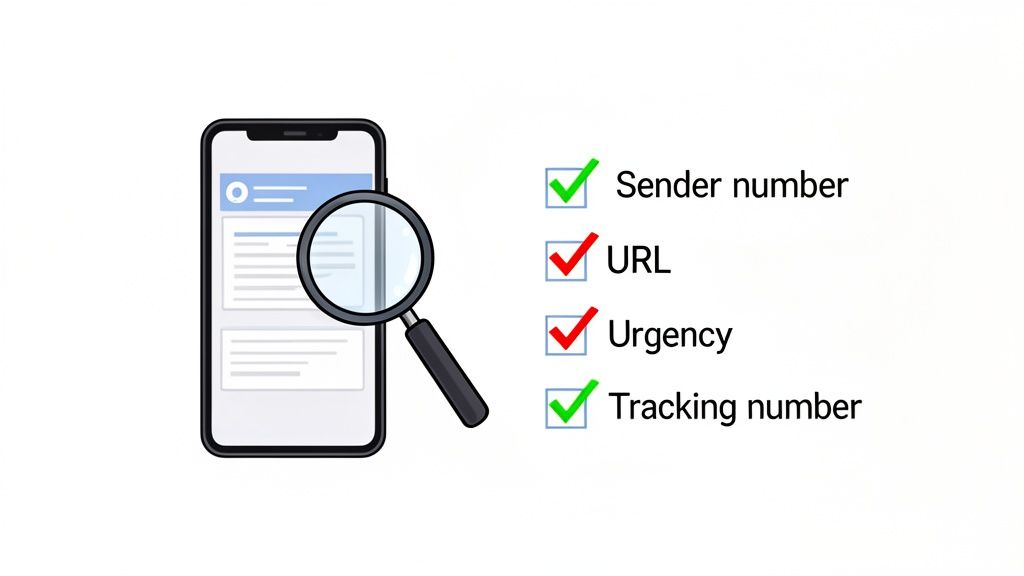 Magnifying glass over a smartphone showing a checklist to identify text message scam indicators.