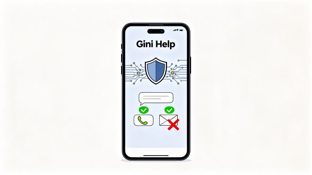 A smartphone displays 'Gini Help' app with a security shield, allowing calls and blocking emails.