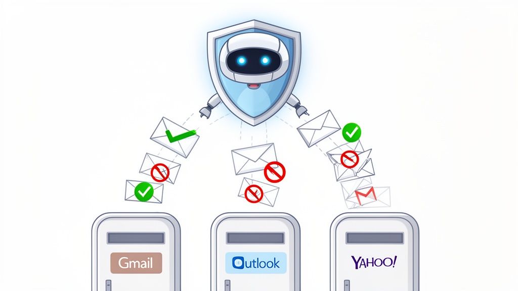 A shield-shaped robot with glowing eyes actively filters emails, allowing safe messages and blocking spam or malicious content for inboxes.