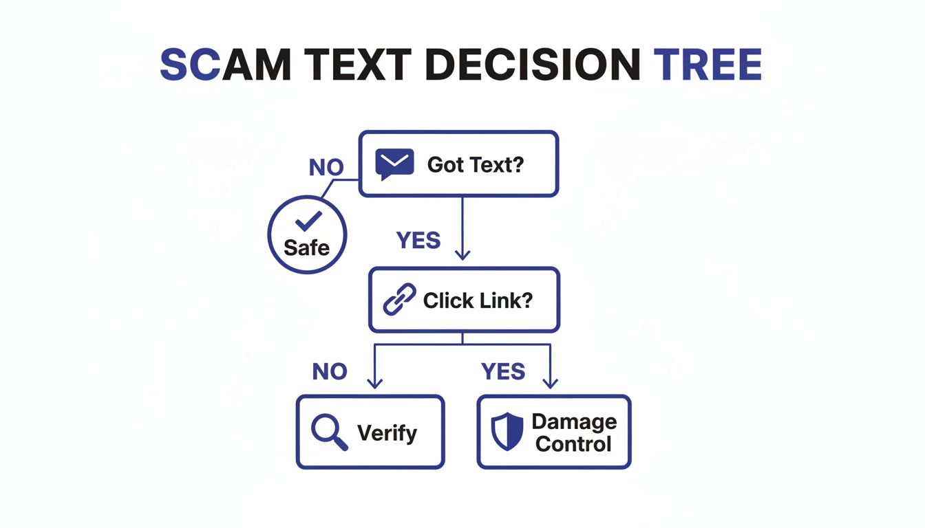 A decision tree flowchart titled 'SCAM TEXT DECISION TREE' outlining steps for handling suspicious text messages.