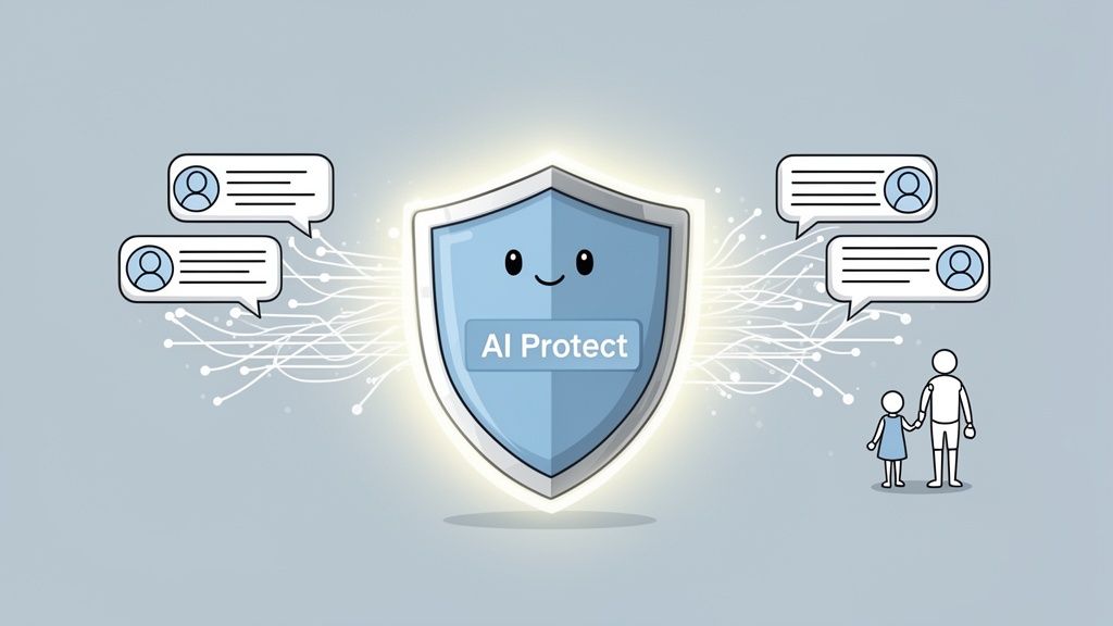 A friendly 'AI Protect' shield radiates light, safeguarding digital messages and a family.