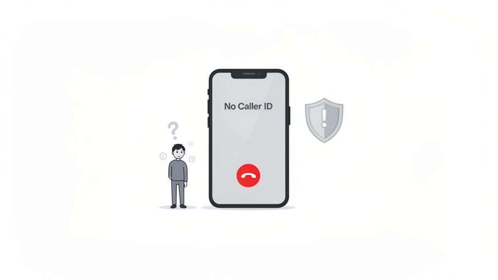 An illustration of a man confused by a 'No Caller ID' call with a security shield.