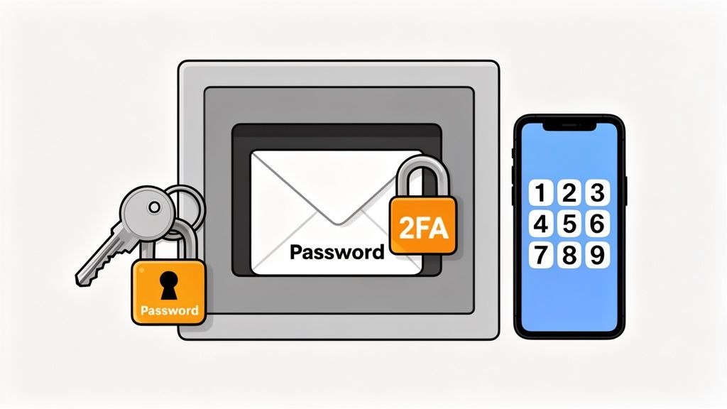 An illustration of email protection with keys, password padlock, 2FA, and a smartphone.