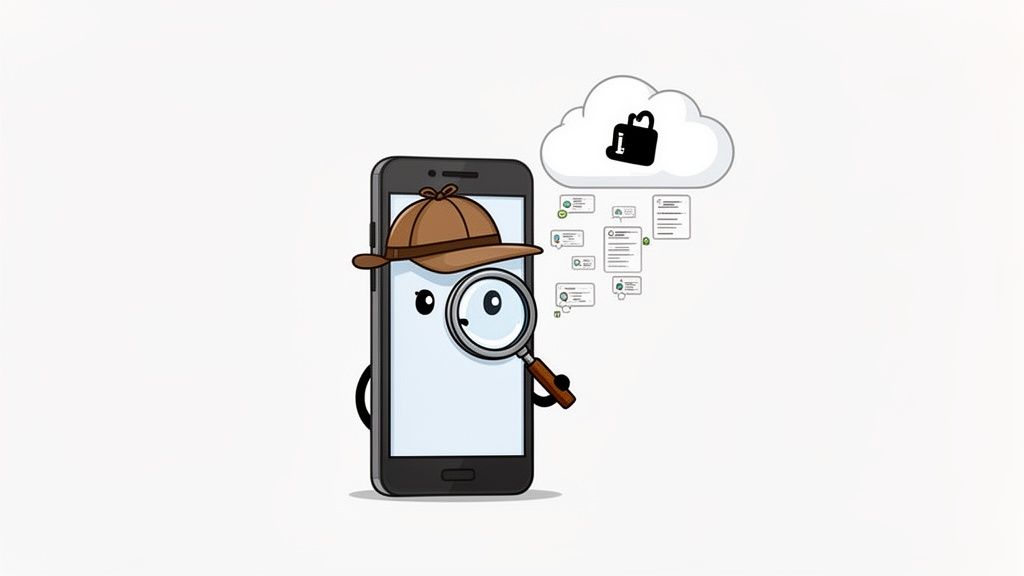 A cartoon smartphone detective with a magnifying glass investigates cloud data privacy and digital security.
