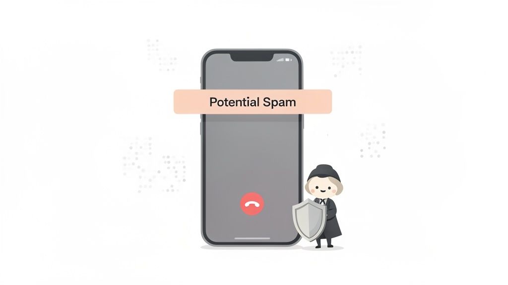 A smartphone screen displays 'Potential Spam' with a decline button, guarded by a cartoon figure with a shield.