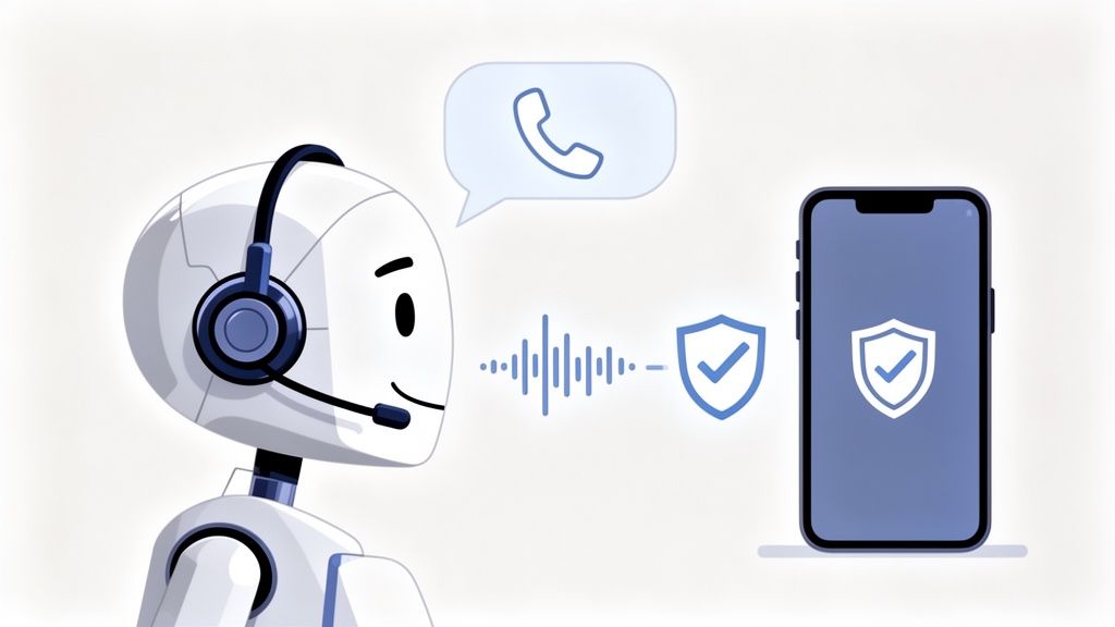 An AI robot with a headset communicates securely with a smartphone, symbolizing call and text protection.