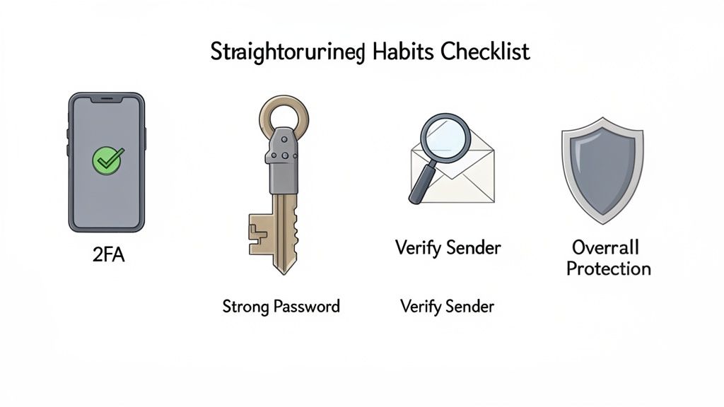 Security checklist with icons: smartphone for 2FA, key for strong password, envelope for verify sender, shield for overall protection.