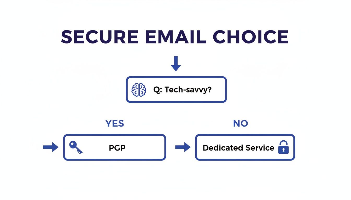 A flowchart guides users to choose between PGP or a dedicated service for secure email based on tech-savviness.