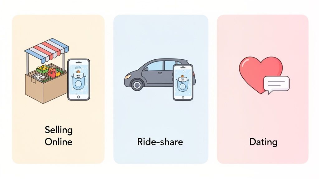 Illustrations of online selling, ride-share, and dating apps using phone number masking for privacy.