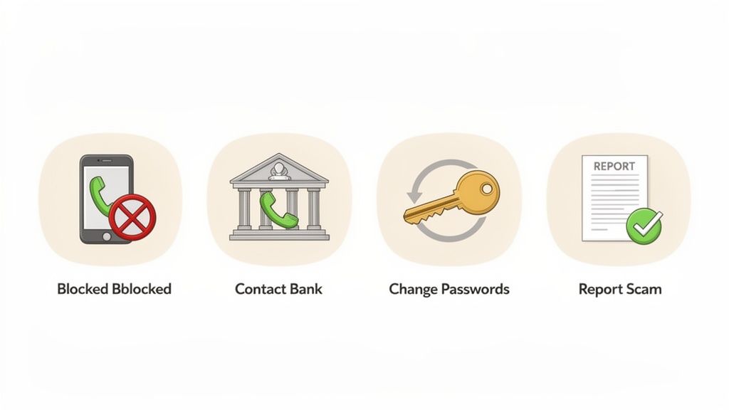 Four icons illustrating steps to respond to a phone scam: block calls, contact bank, change passwords, report scam.