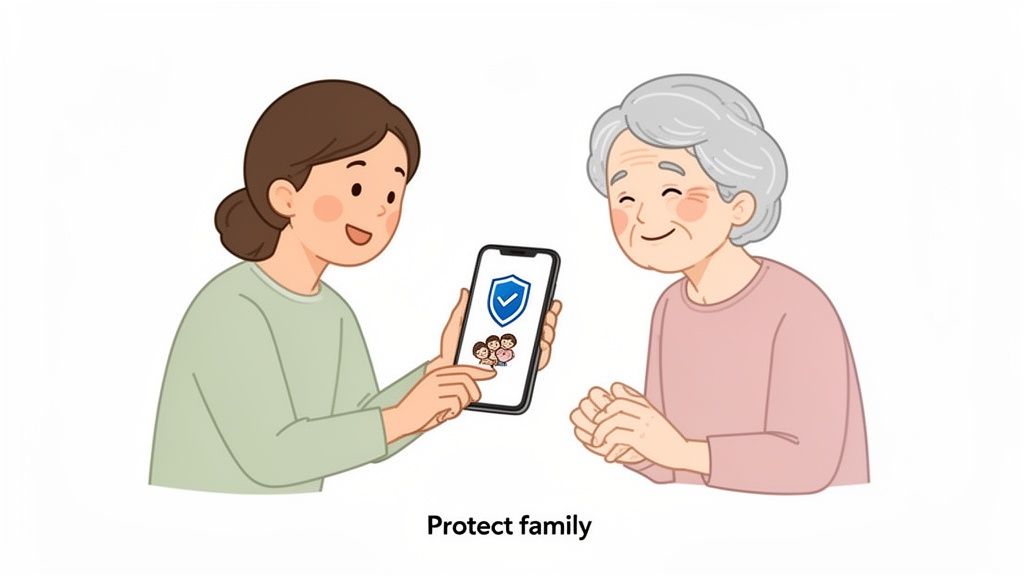A younger woman shows a smartphone with a family protection app to an older woman.