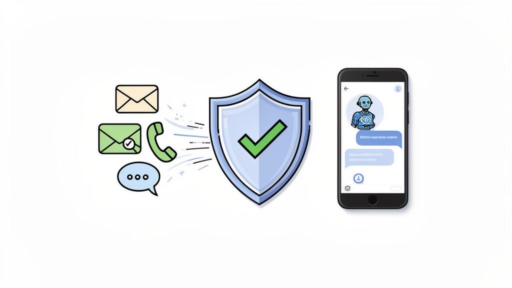 Illustration of secure digital communication methods and an AI chatbot on a smartphone.