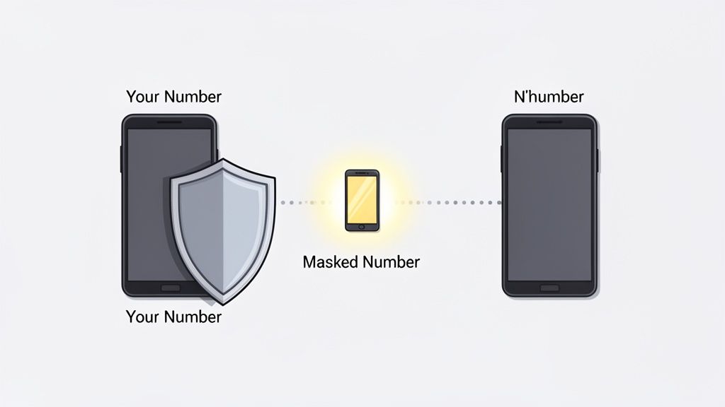 Diagram illustrating phone number masking: Your Number protected by a shield connects through a Masked Number to N'humber.