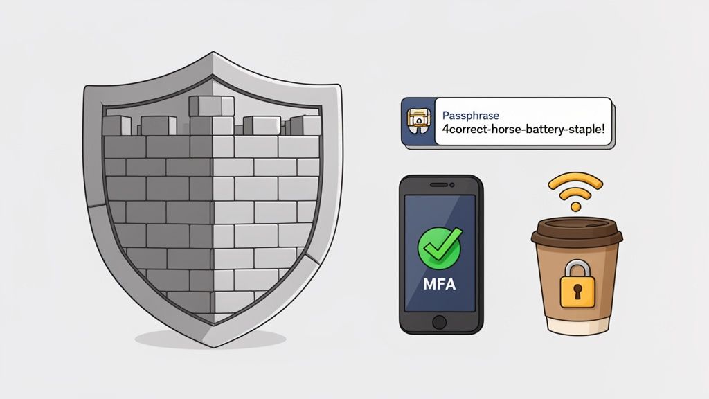 An illustration showing various methods for digital security, including a strong passphrase, multi-factor authentication, and secure Wi-Fi, all protected by a fortress shield.