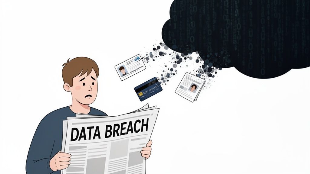 Concerned man reads data breach news, as personal ID and credit card disappear into a digital cloud.